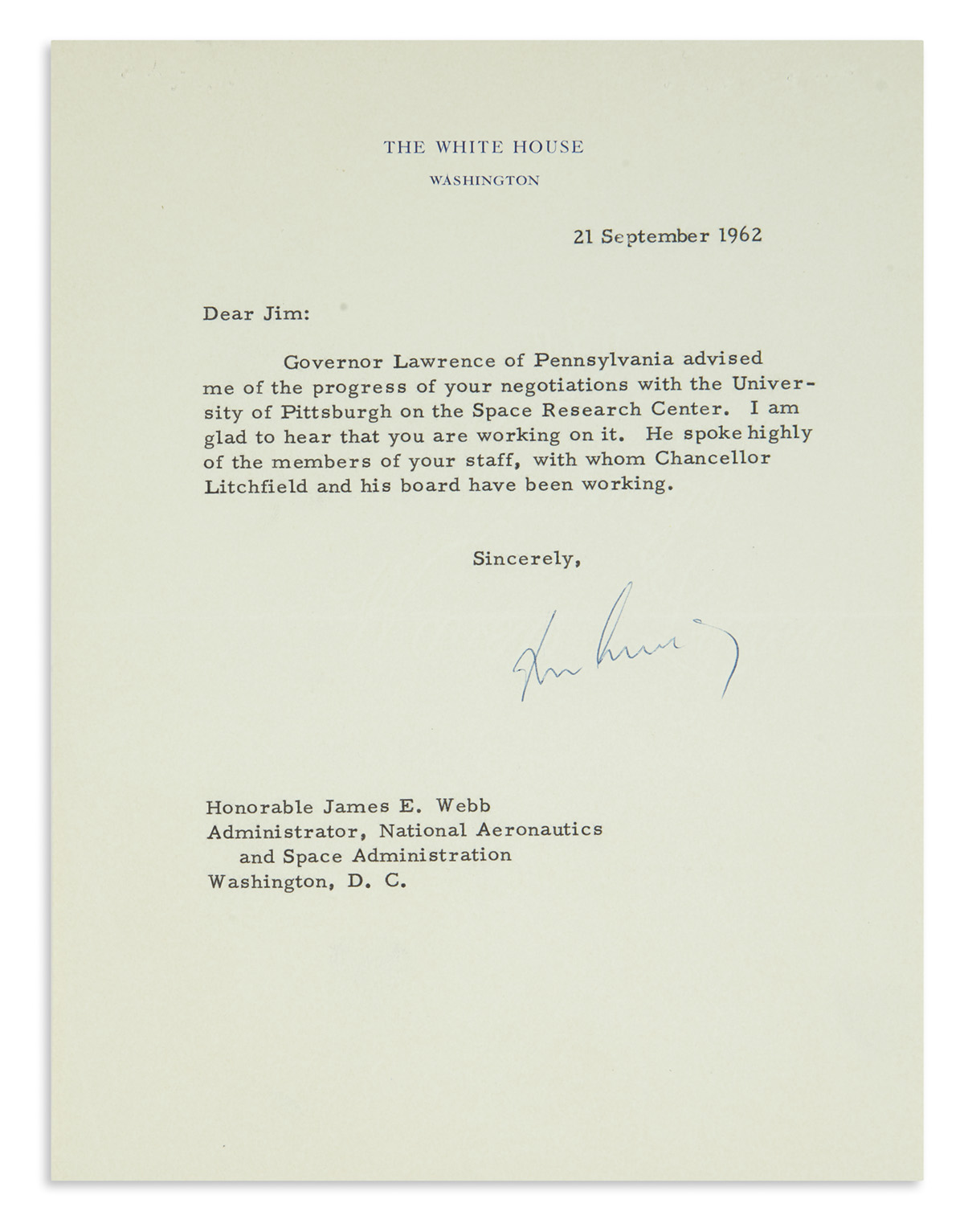 KENNEDY, JOHN F. Typed Letter Signed, John Kennedy, as President, to NASA Administrator James E. Webb,